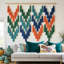 Macramé fil tendu à la main Boho Vague fait à la main pompon 47 "* 39", bleu orange vert