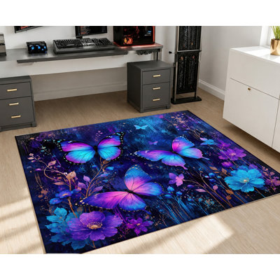 Tapis d'intérieur à motif floral papillon, dégradé bleu-violet, esthétique artistique, lavable à la machine et antidérapant, idéal pour le salon, la chambre, l'entrée, la cuisine, le balcon ou un appartement.