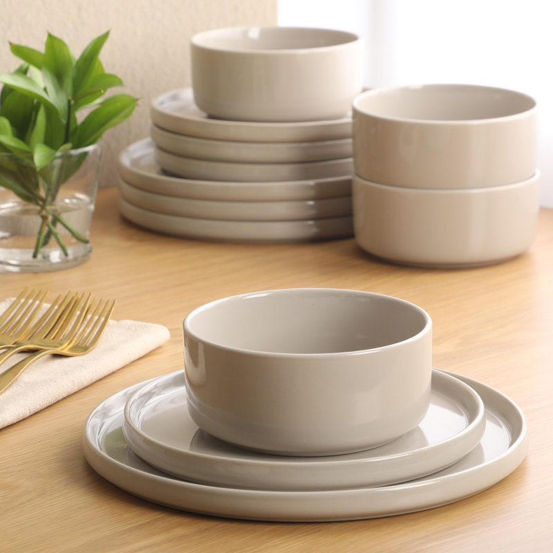  Service de vaisselle moderne en grès 12 pièces pour 4 personnes Moonstone, assiettes et bols gris