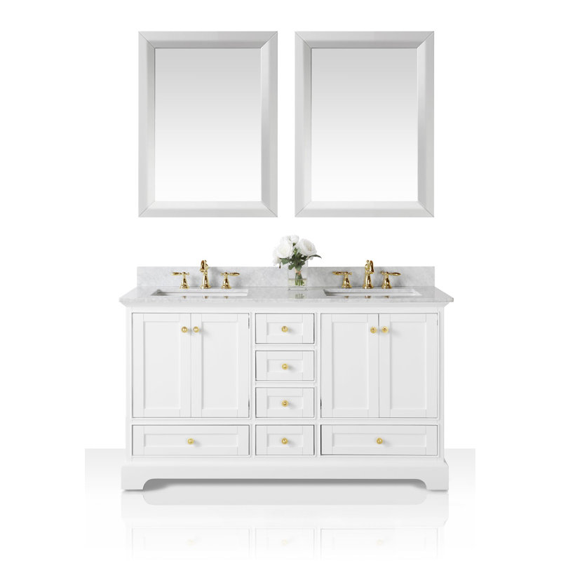 Audrey 60'' W Double Vanity, White, Carrara White, Gold