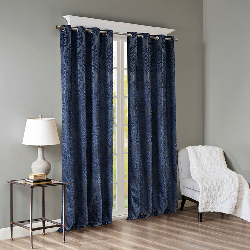 Rideau tricoté en jacquard damassé occultant avec œillets (seulement 1 panneau PC), L 50 po x L 95 po, Marine