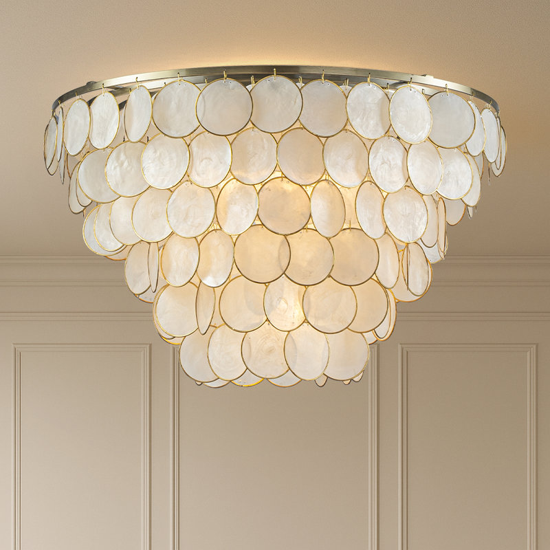Wf: 5-light 24'' Wide Modern Coastal Aged Bronze Natural Capiz Shell Tiered Flush Mount Vintage Glam Ceiling Light For Living Room Dining Room