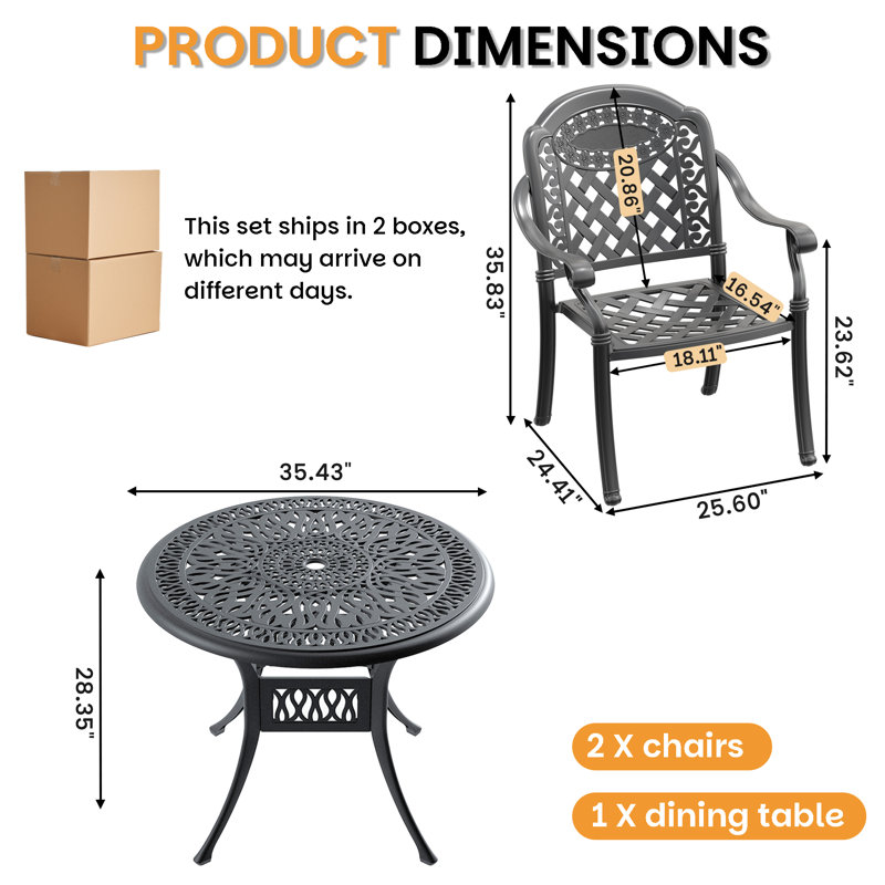  Ensemble repas de patio avec table ronde Akiesha, coussins rouges inclus, P 16,54 po x l 25,98 po x H 35,83 po, 2