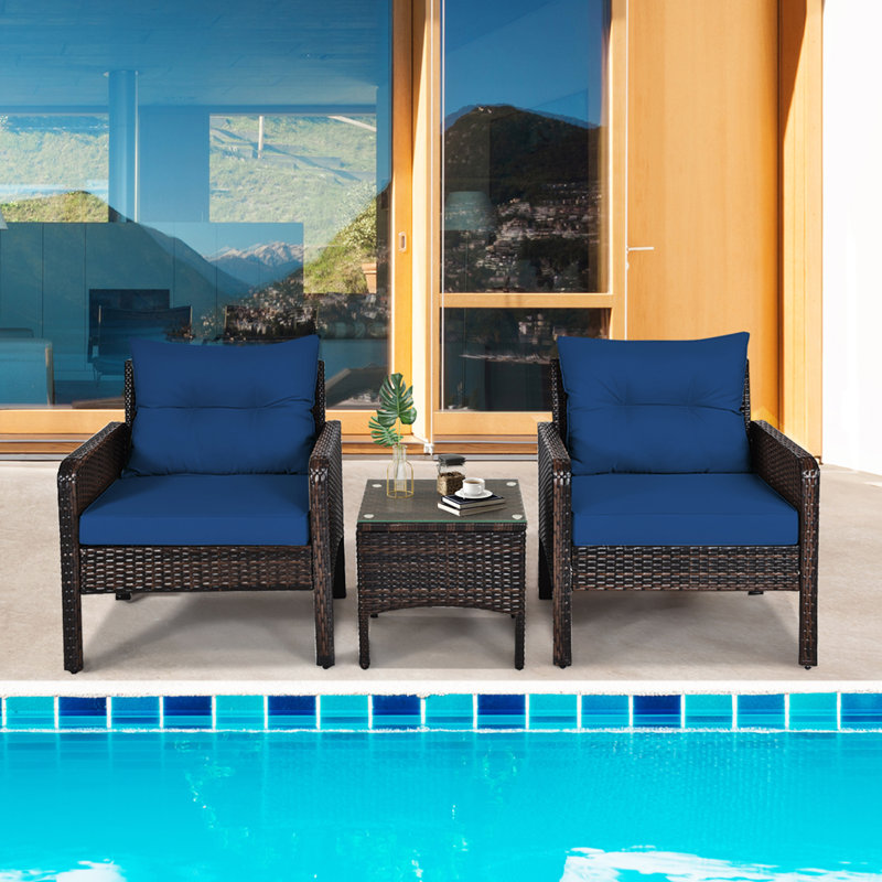 Hilbert Wicker 2 - Person Patio Conversation Set with Cushions, Navy