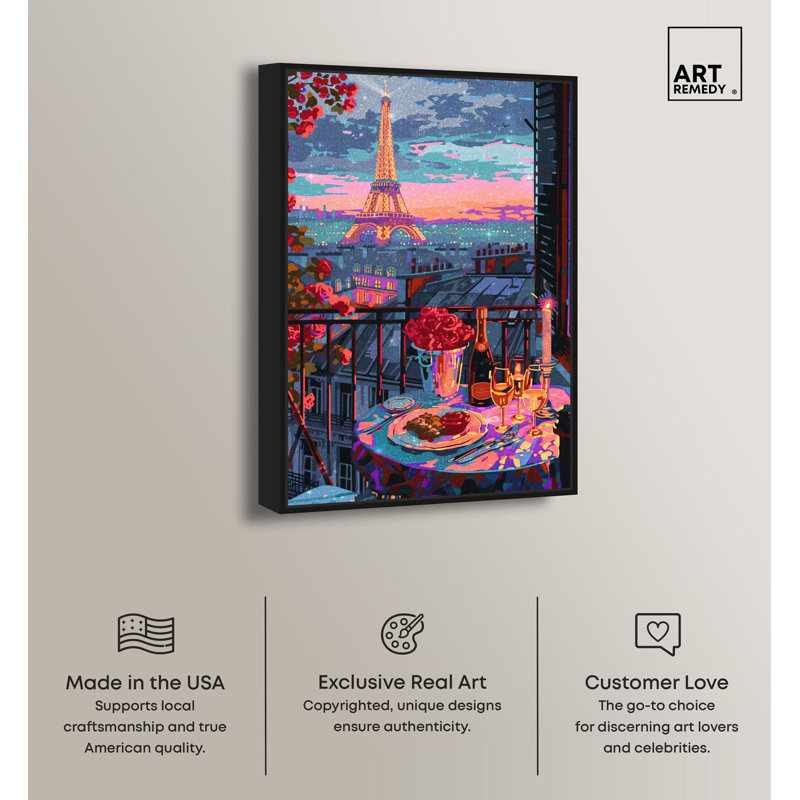 A Lovely Paris Dinner Canvas Pink Pop Wall Art by Dakota Fields, Black Framed, 16" H x 11" W