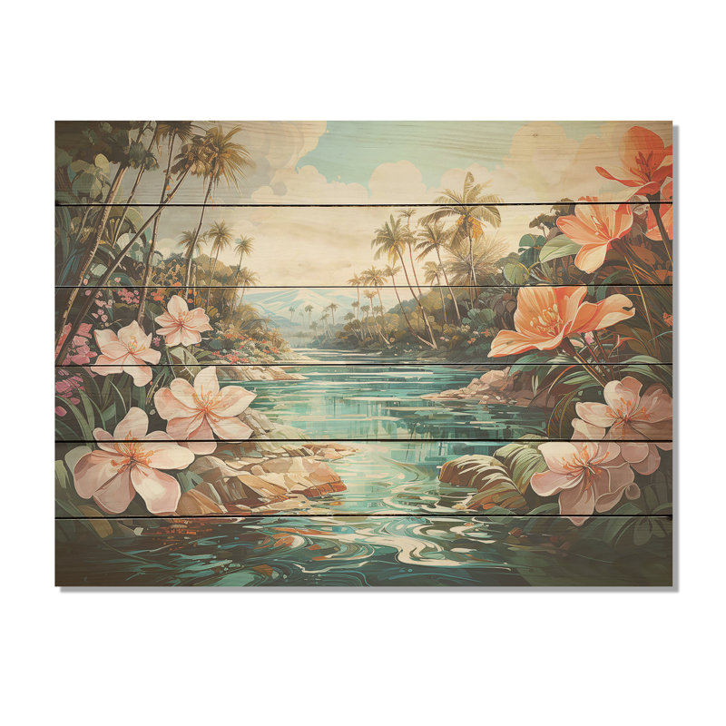 Palmier, charme côtier - fleurs, art mural sur bois de pin naturel, H 24 po x l 32 po