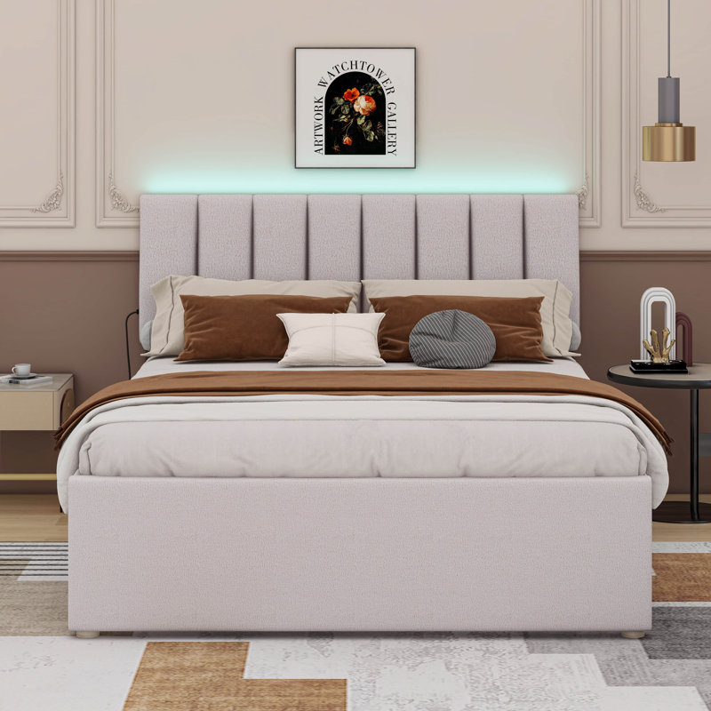 Lit plateforme tapissier avec lit gigogne Teddy, Beige