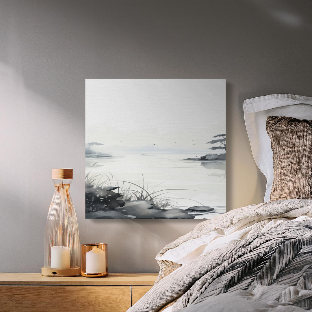 Zen Japanese Landscape Canvas Wall Art, Minimalist Ink Wash Lake Scenery Print, Serene Nature Decor, Modern Japandi Art