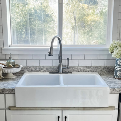 Parker Crisp White Fireclay 34"" Double Bowl Quick-Fit Farmhouse Apron Front Drop-in Kitchen Sink -  Sinkology, SK453-34FC-SS