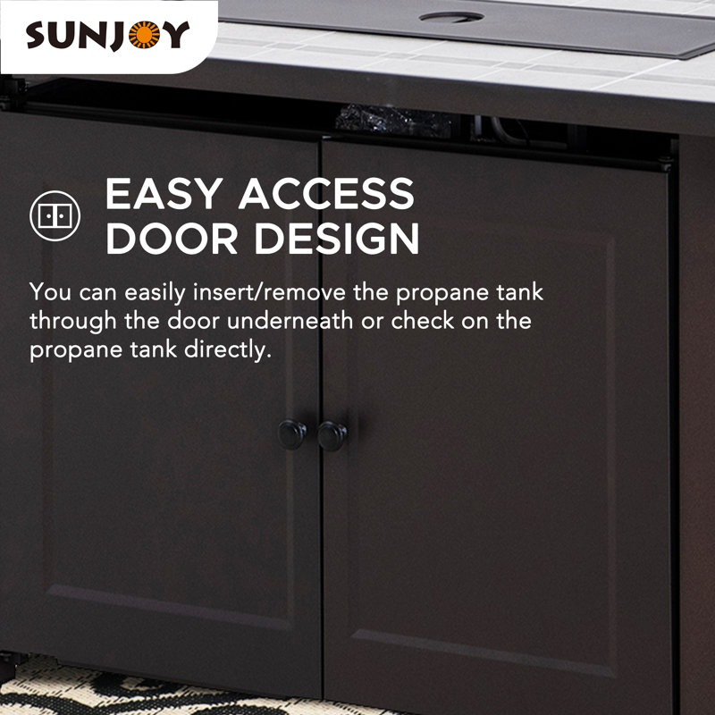 Sunjoy Rectangle Propane Fire Pit Table, Smokeless Outdoor Hidden Propane Tank Gas Fire Pit with Ceramic Tile Tabletop and Lava Rocks