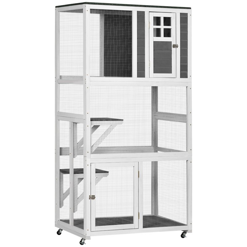 Maison pour chat d'extérieur en bois PawHut de 74 po résistante aux intempéries et sur roulettes, Gris
