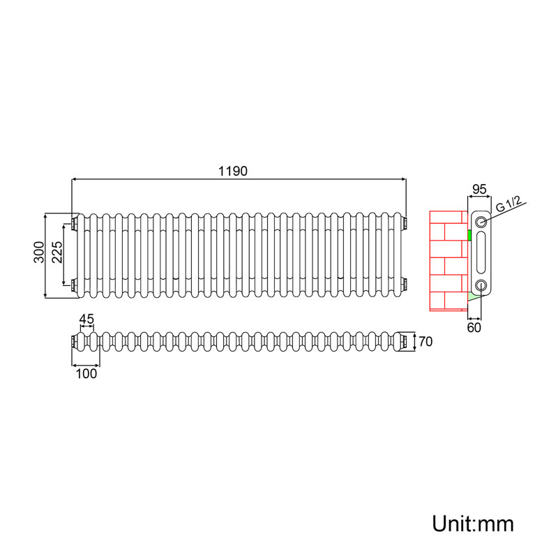 Carmellia Horizontal Designer Radiator, 30cm H x 119cm W x 9cm D