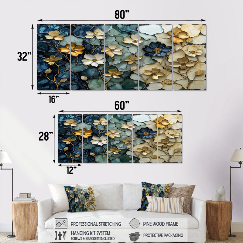 «Blue Canadian Wilderness Poppies Mosaic II - Boho Tiles», ensemble de reproduction d'art mural, H 28 po x l 60 po