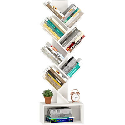 Petite bibliothèque blanche à 6 niveaux, bibliothèque rétro sur pied en bois, rangement étroit pour le coin, la chambre à coucher, le salon ou le bureau personnel