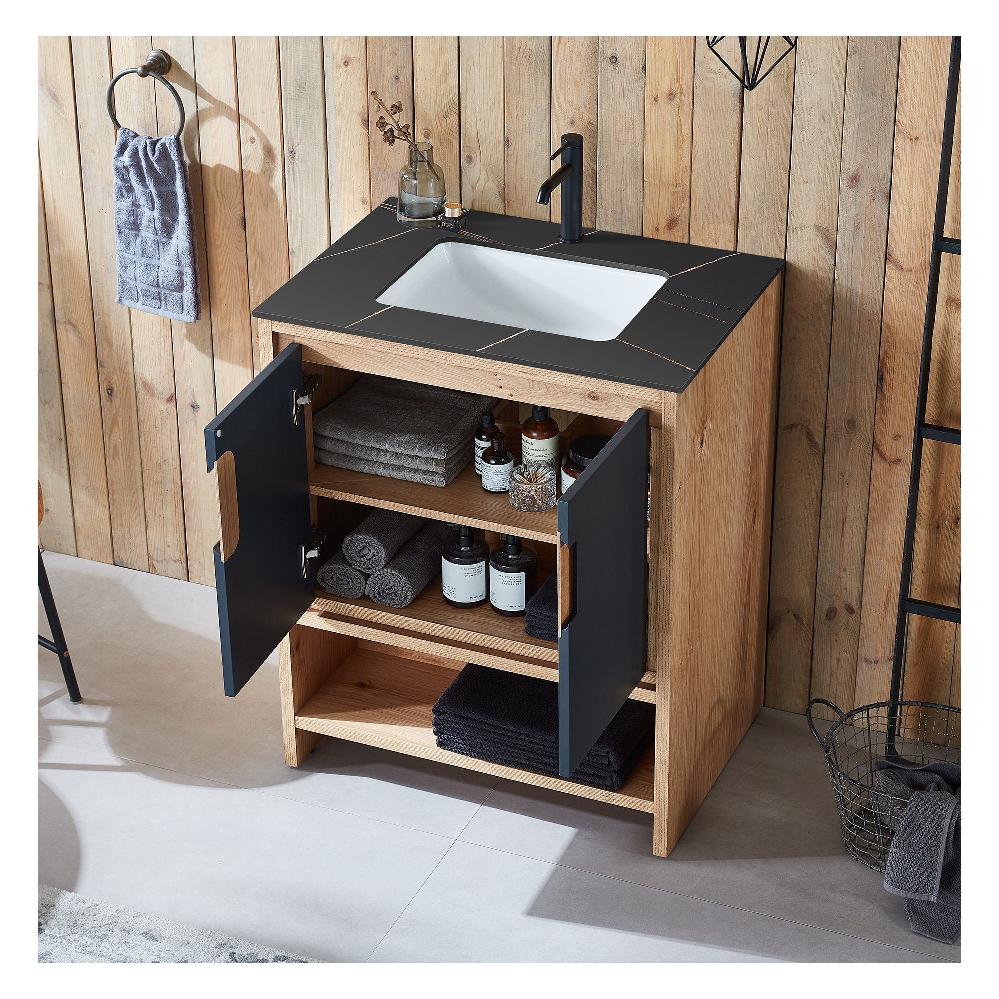 Diani 30" Single Bathroom Vanity Set, Black, Black of Night/Maple