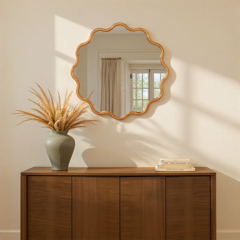 Wavy Round Mirror With Scalloped Wooden Frame