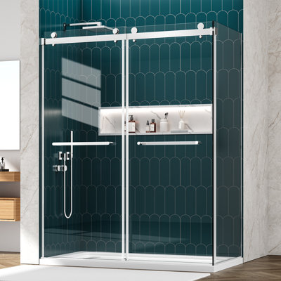 56-60"W X 32"D X 76"H Frameless Double Sliding Shower Door Enclosure, 5/16" Tempered Glass Corner Shower Door,  Shower Stall With Nano Coating, 304 Stainless Steel Hardware, Bright Chrome