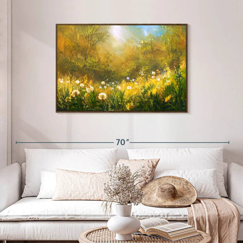 Champ de pissenlits, 43 po x 29 po, Cadre flottant noyer