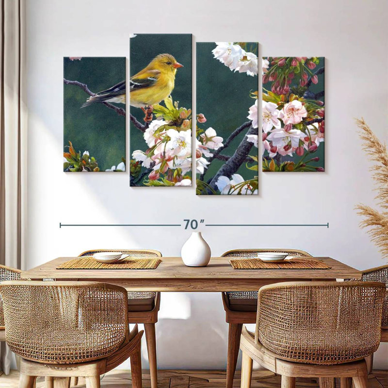 Female Goldfinch And Blossoms, H 42 po x l 68 po