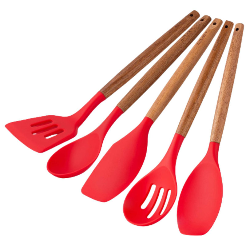 Zulay Kitchen Non-Stick Silicone Utensils 5-Piece Set with Acacia Wood Handles & Holder