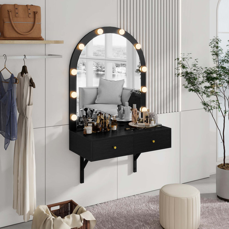 Meuble-lavabo flottant avec miroir et lumières tricolores, coiffeuse murale avec prise de courant, meuble-lavabo compact, grand rangement