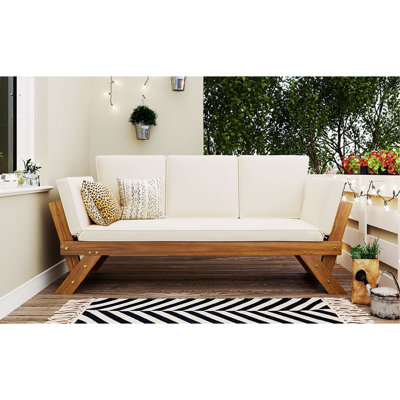 Outdoor Adjustable Patio Wooden Daybed Sofa Chaise Lounge With Cushions For Small Places, Natural Finish+Beige Cushion