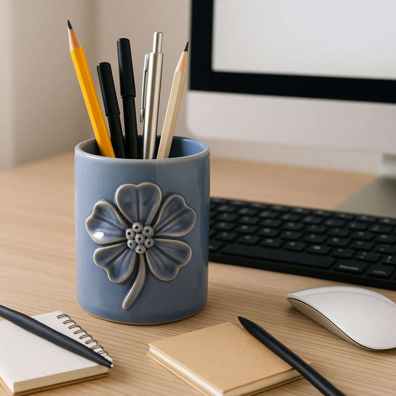 Mignon accessoire de bureau de bureau décoratif en céramique fleur, Bleu