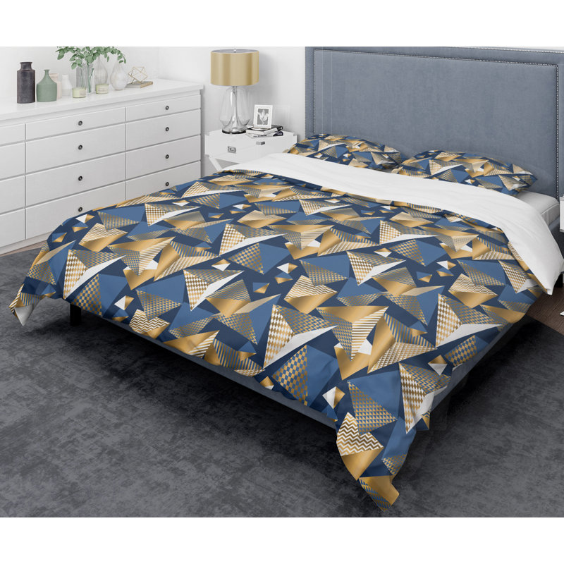 Cubes dorés et bleus - ensemble de housse de couette abstrait Glam - microfibre de polyester