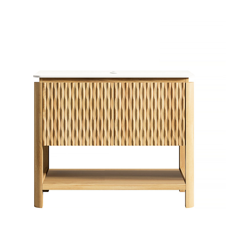 Armoire autoportante de 36 po avec 2 portes et tablette ouverte, surface en pierre frittée blanche, chêne brun, eau, panneaux de porte en bois massif 3D, amortisseur à fermeture en douceur pour comptoir de meuble-lavabo silencieux, imperméable