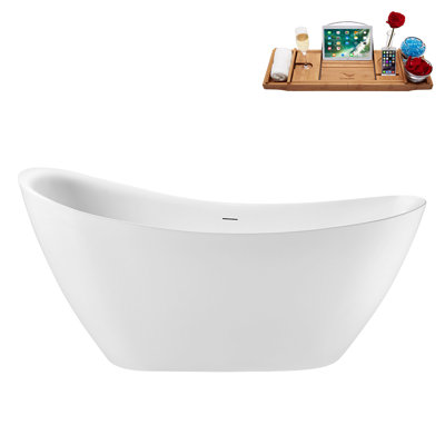 63" Streamline Soaking Glossy White Freestanding Tub and Tray With Internal Drain