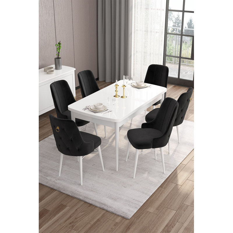 Ensemble de table et chaises de salle à manger extensible (7 pièces), Blanc, Noir