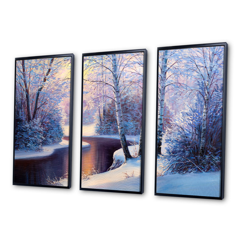«Winter Forest In River Sunset», ensemble d'art mural sur toile encadré paysage, H 32 po x l 48 po x P 1 po, Noir