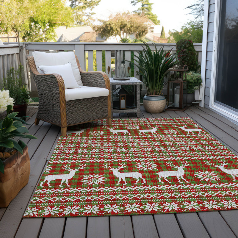 Machine Washable Indoor/Outdoor Christmas Reindeers Xhevrie Fern Rug, Rectangle 9' x 12'
