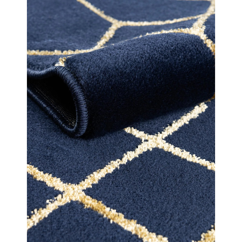Glam Navy Blue Gold Area Rug, Runner 2'7" x 12'