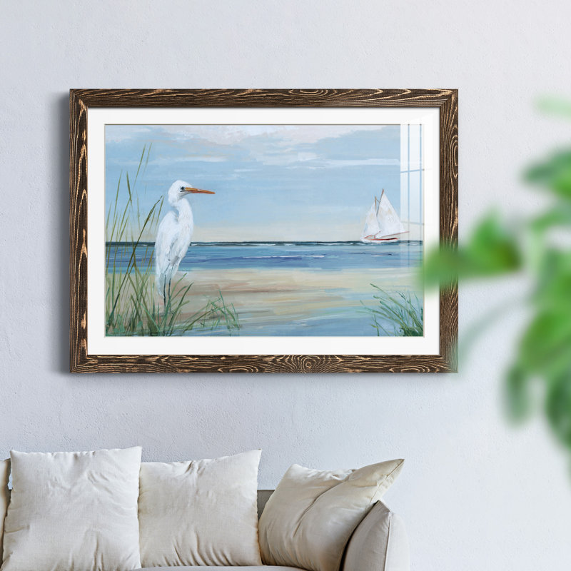 Summer Heron - peinture encadrée, H 31 po x l 44 po x P 1 po, Encadré de bois de noyer