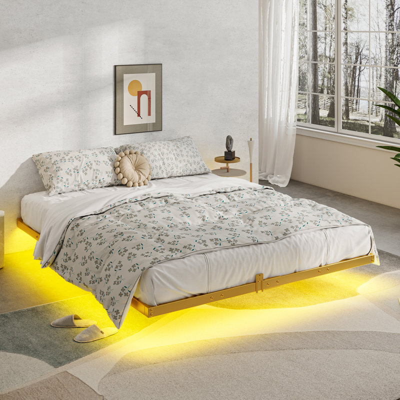 Floating Bed Frame With Led Light, Gold, Full