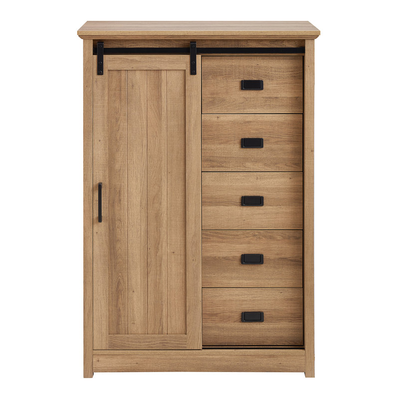 Farmhouse Accent Chest With Sliding Barn Door And 5 Drawers, White - Rustic Charm And Practical Storage, Oak