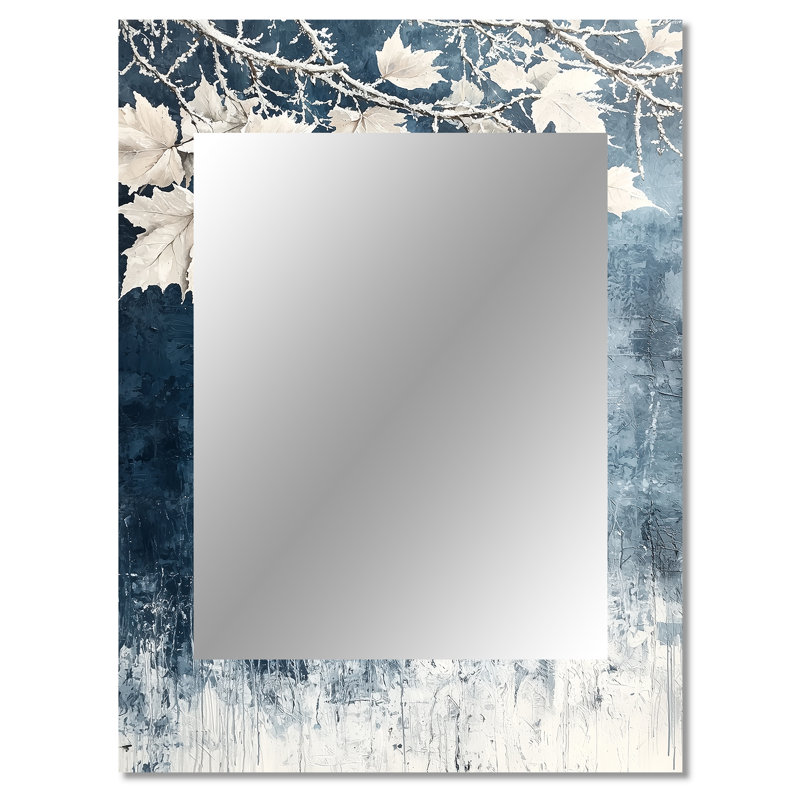 White Frosted Leaves Branches IV - Leaves Decorative Wall Mirror, Traditional Mirror, Printed Metal Art, 40" x 30"