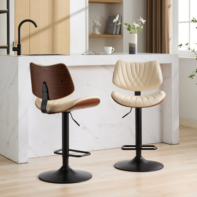 Beige 360° Swivel Bar Stools, Walnut Back And Seat, Adjustable Height, Construction, For Kitchen/dining Room/cafe, Of 2 Chairs, Function, Faux Leather Upholstery, Dining Room/kitchen/cafe