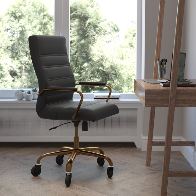High Back Executive Swivel Office Chair with Frame, Arms, and Transparent Roller Wheels, Black, Gold
