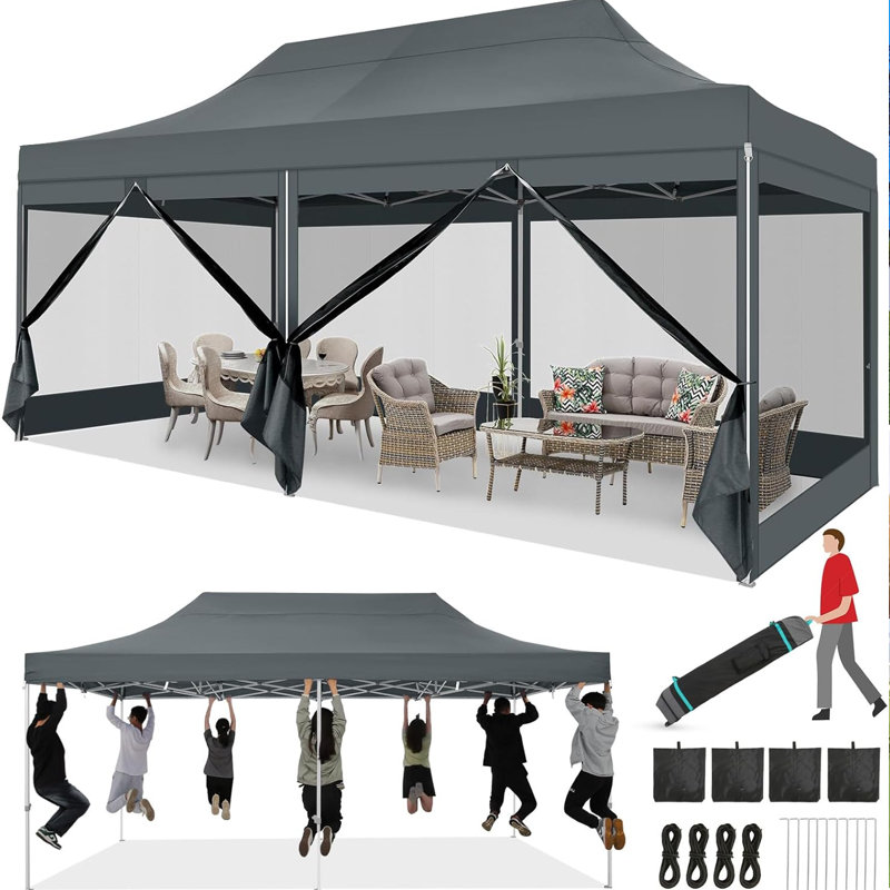 10x20 Canopy Tent, Heavy Duty Pop up Canopy with Sidewalls, Waterproof Easy Setup Canopy with Mosquito Netting, Outdoor Instant Screen Tents for Parties, Wedding, Backyard with Carry Bag