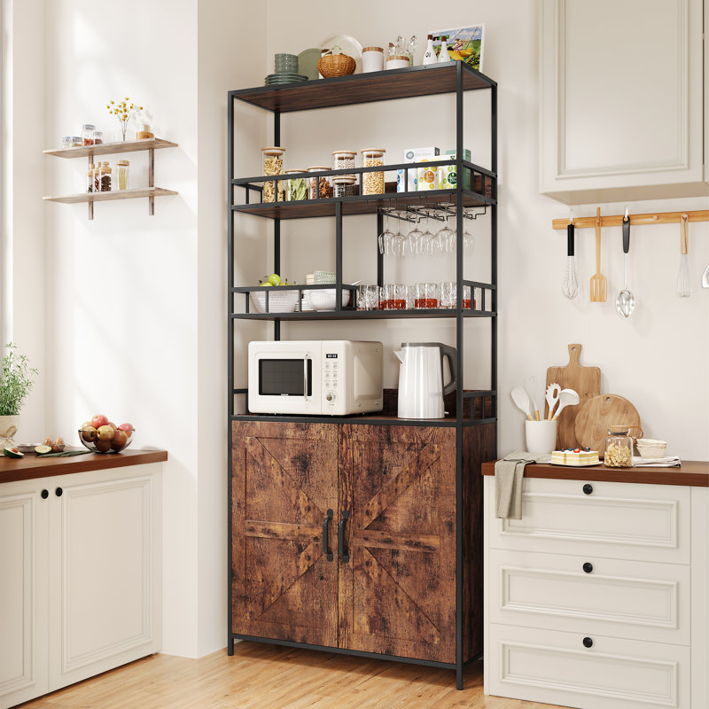 Support à vin autoportant et armoire de bar - étagère de boulanger à 5 niveaux avec rangement, porte-gobelet, grand plateau de table, structure en métal - huche de bar à café et support à micro-ondes pour cuisine, salle à manger - couleur classique