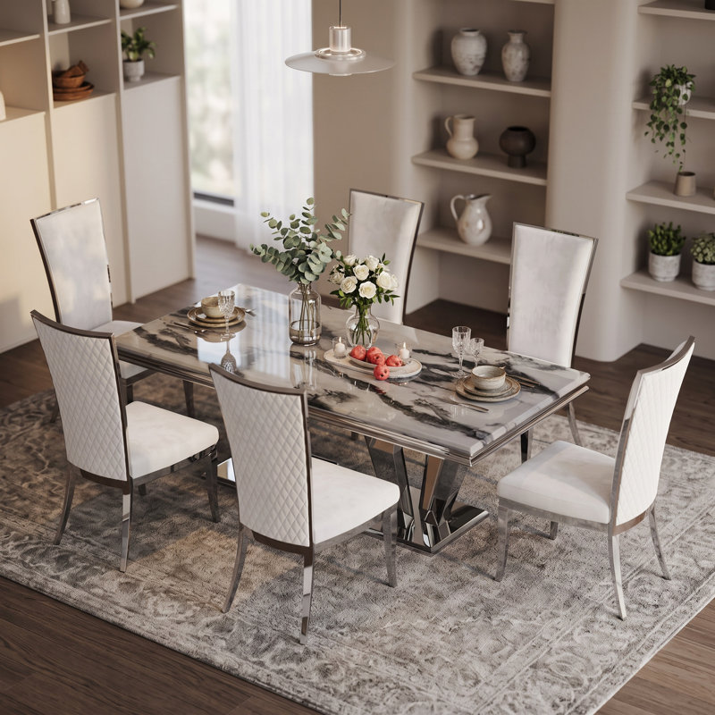 78" Faux Marble Dining Table with Mirrored Metal Base, Silver, Silver