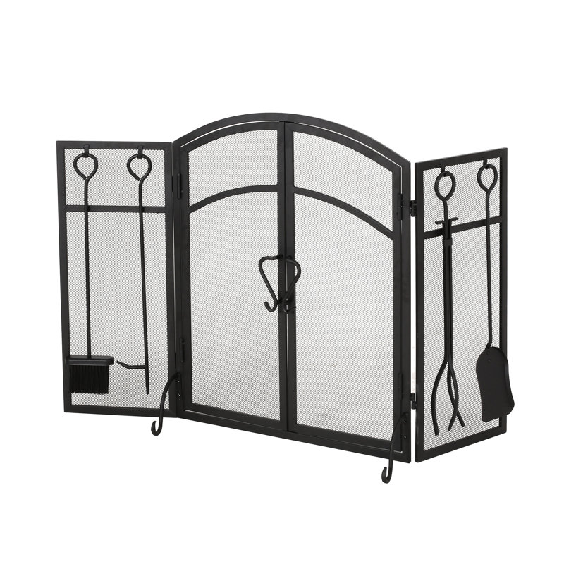 Pare-étincelles moderne en fer avec portes et outils, noir mat, 50,5 po x 32 po 5,5 po pliable et outils, noir mat, 50,5 po x 32 po x 5,5 po