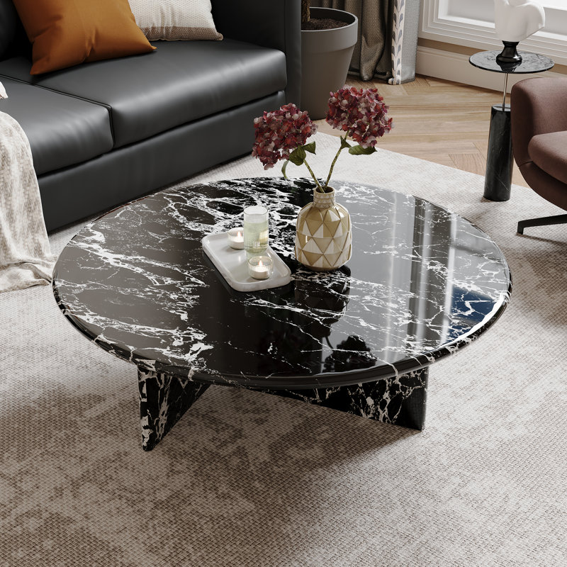 35.4'' Modern Oval Genuine Marble Coffee Table with Geometric Cutout Base – Black Veined Solid Marble Centerpiece for Living Room
