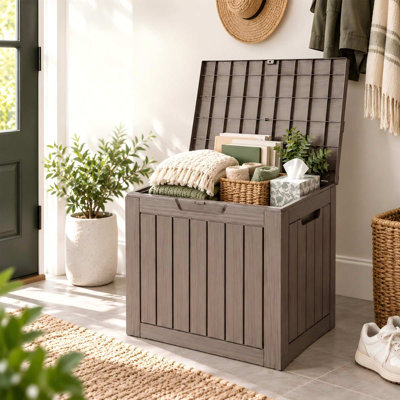 Coffret de jardin en résine de 114 litres avec couvercle verrouillable - Rangement extérieur étanche pour mobilier de terrasse, outils de jardin, coussins et accessoires de piscine, design imitation bois, résistant aux intempéries, montage facile