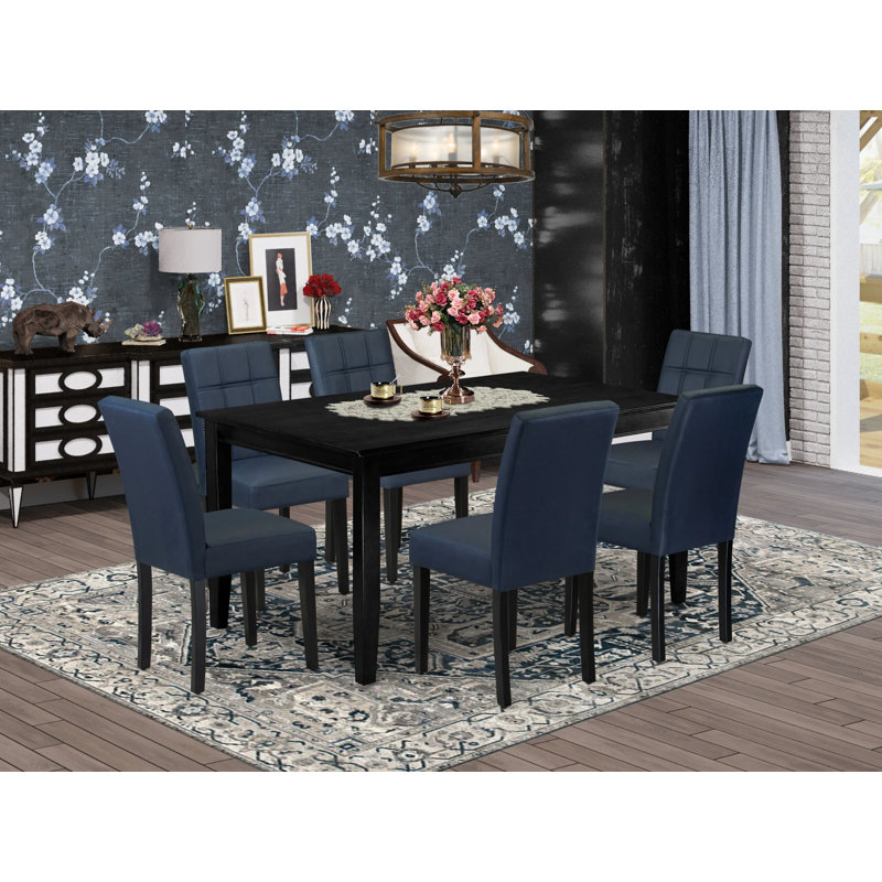 L'ensemble de table de salle à manger 7 pièces contient une table de cuisine et 6 chaises de cuisine en polyester bleu marine foncé avec dossier élégant - finition noire