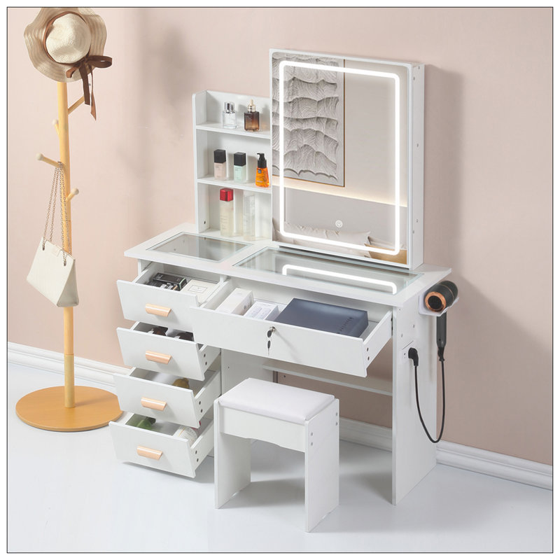 Nouvelle coiffeuse à miroir intelligente avec tiroirs et armoire de rangement, coiffeuse avec coussin de dressage