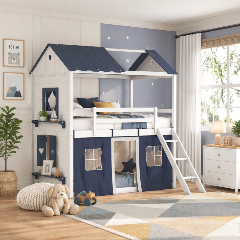 Lit superposé en bois avec fenêtres, rebords et tente élégants, idéal pour un sommeil amusant et confortable, Lit simple
