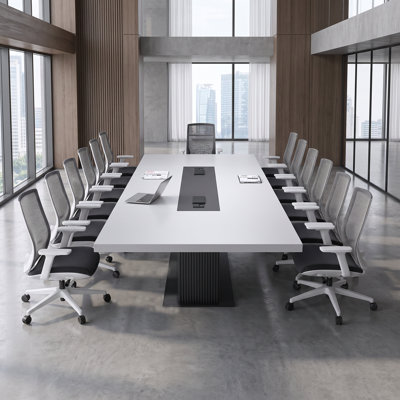 Table de conférence de direction, table de conférence de bureau avec deux prises de courant intégrées, ports USB-A et USB-C, gestion des câbles, table de salle de conférence.